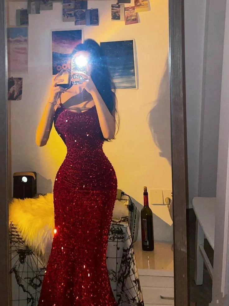 TingPo Wholesale Elegant Pretty Sheath Spaghetti Straps Red Sequin Long Evening Dress Prom Dresses